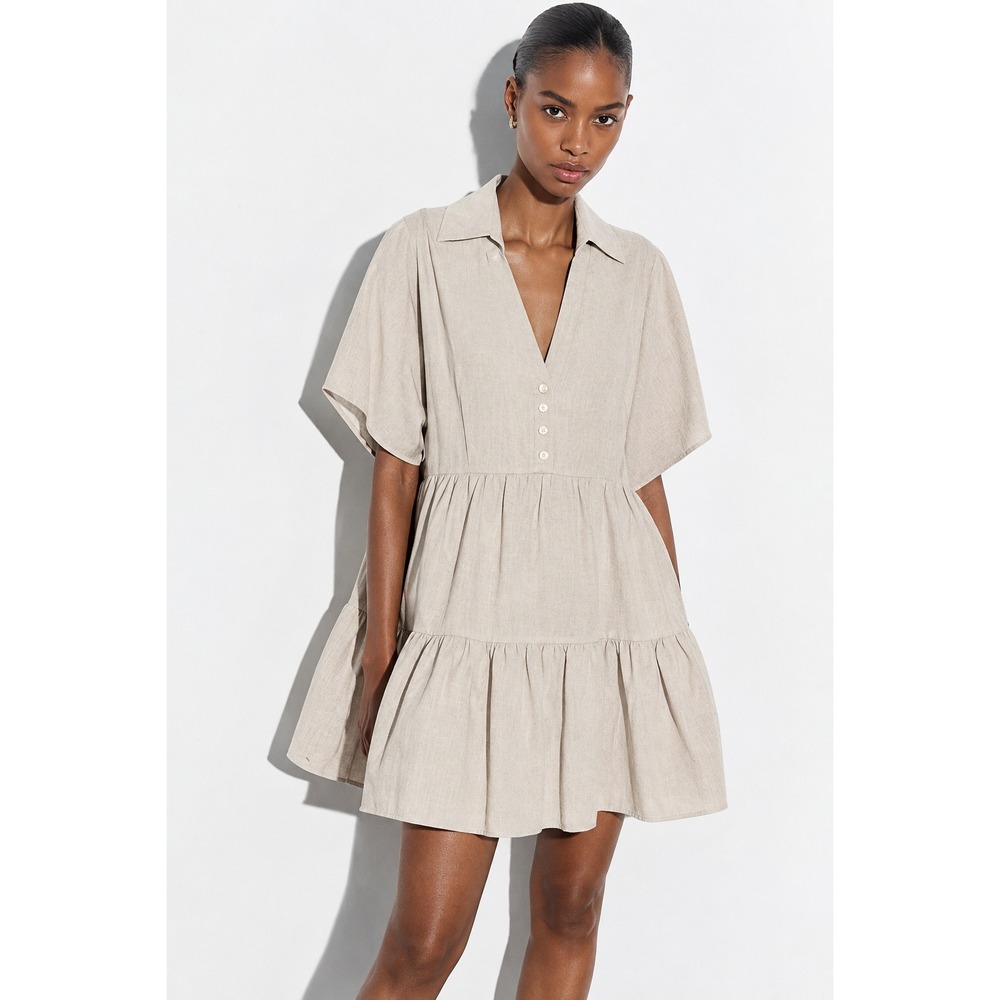 Zara Linen Blend Tiered Babydoll Mini Dress Beige Short Sleeve Small